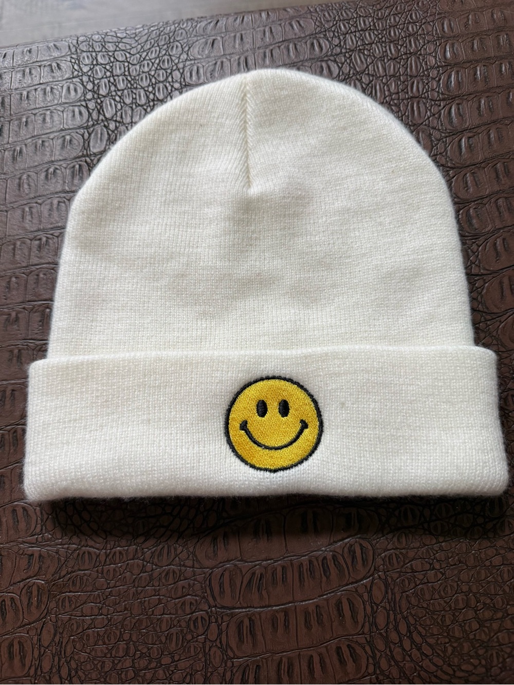 White Beanie Hat with Yellow Smiley Face